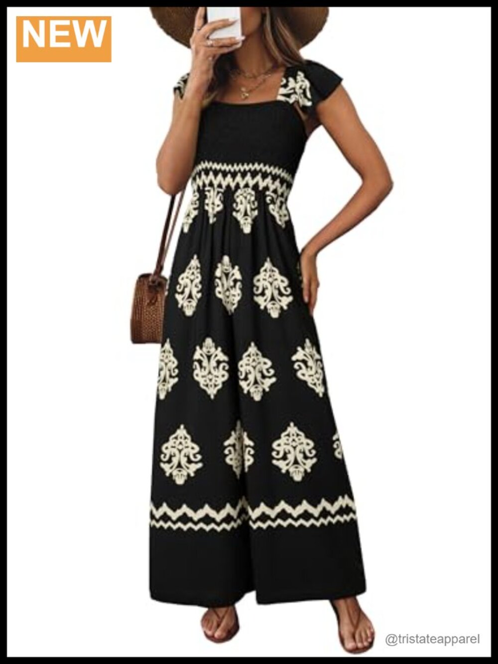 Womens Summer Jumpsuit Square Neck Smocked Wide Leg Pockets Beach Vacation